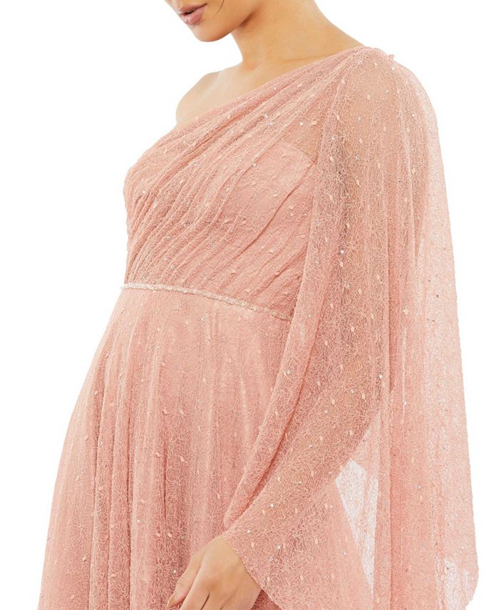 Mac Duggal Women's Lace One Shoulder Illusion Sleeve A Line Gown - Macy's