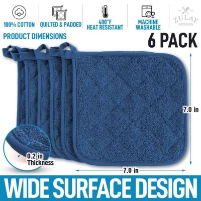 Washable Quilted Terry Cloth Potholder for Cooking and Baking (6 Pack)