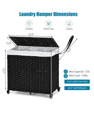 Laundry Hamper w/Wheels &amp; Lid, 125L 3-Section Clothes Hamper w/2 Liner Bags