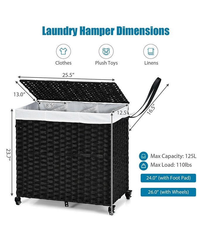 Costway Laundry Hamper w/Wheels & Lid, 125L 3Section Clothes Hamper w