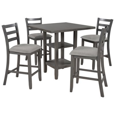5-Piece Wooden Counter Height Dining Set With Padded Chairs And Storage Shelving