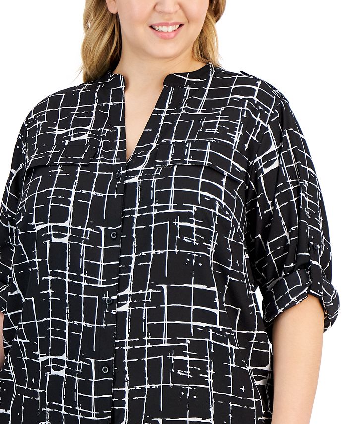 Red 3/4 Roll Tab Sleeve Mandarin Collar Blouse - Plus Size