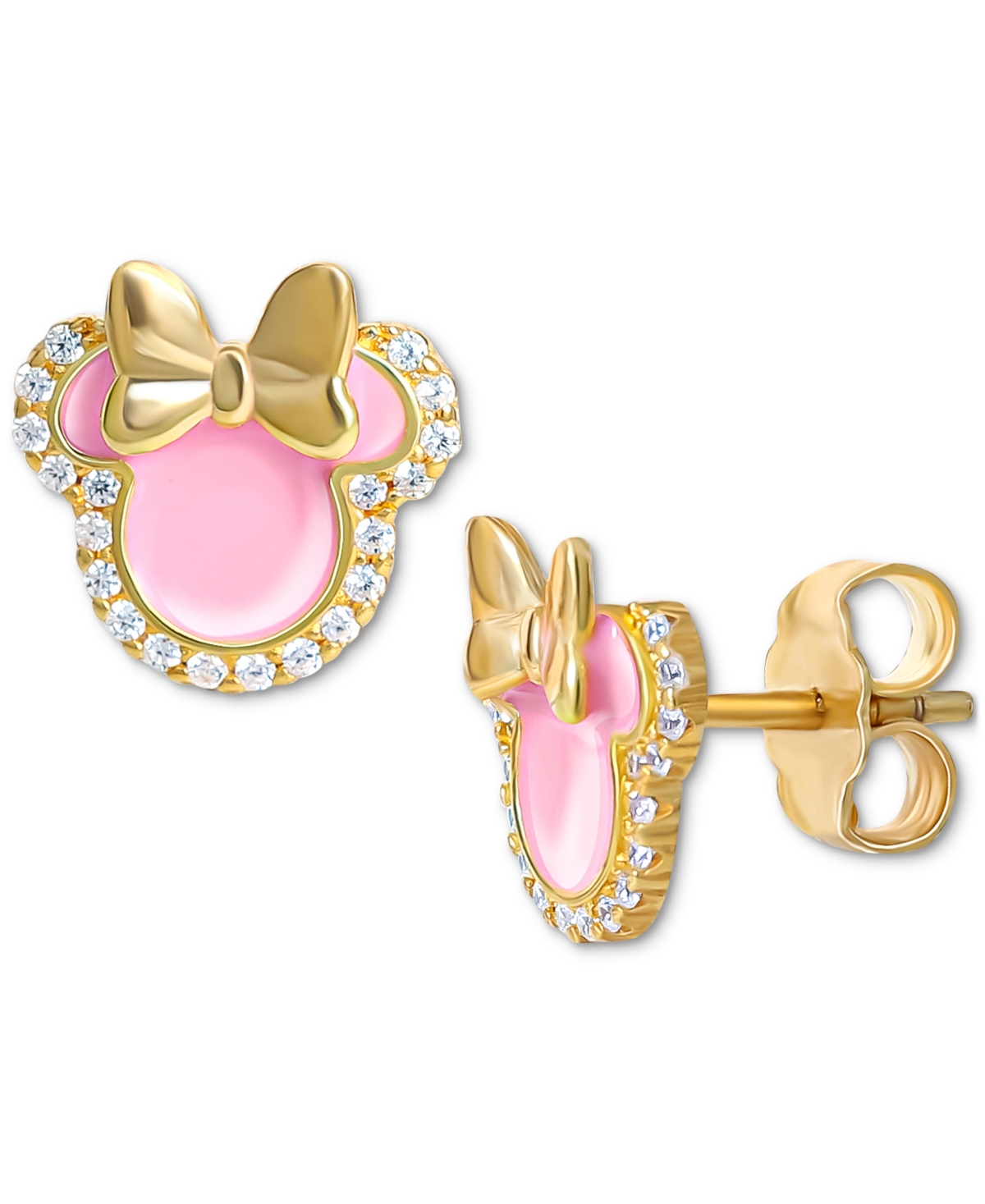 Disney Cubic Zirconia & Pink Enamel Minnie Mouse Stud Earrings In 18k Gold-plated Sterling Silver In Gold Over Silver