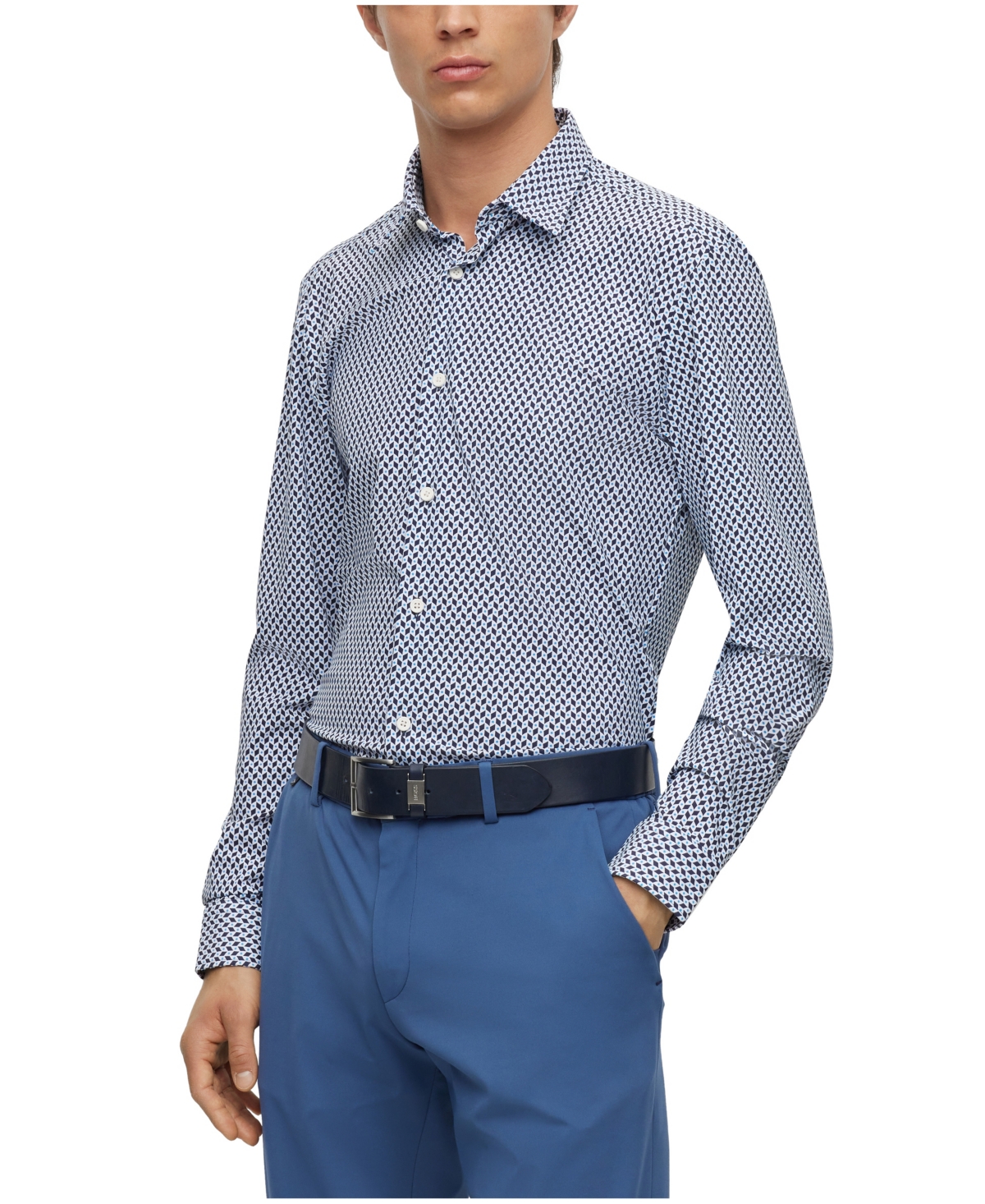 Hugo Boss Boss By  Men's Geometric-printed Performance-stretch Slim-fit Dress Shirt In Bright Blue