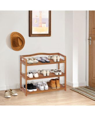 3-Tier Wood Shoe Rack Solid Acacia Wood Shoe Shelf with Side Metal Hooks