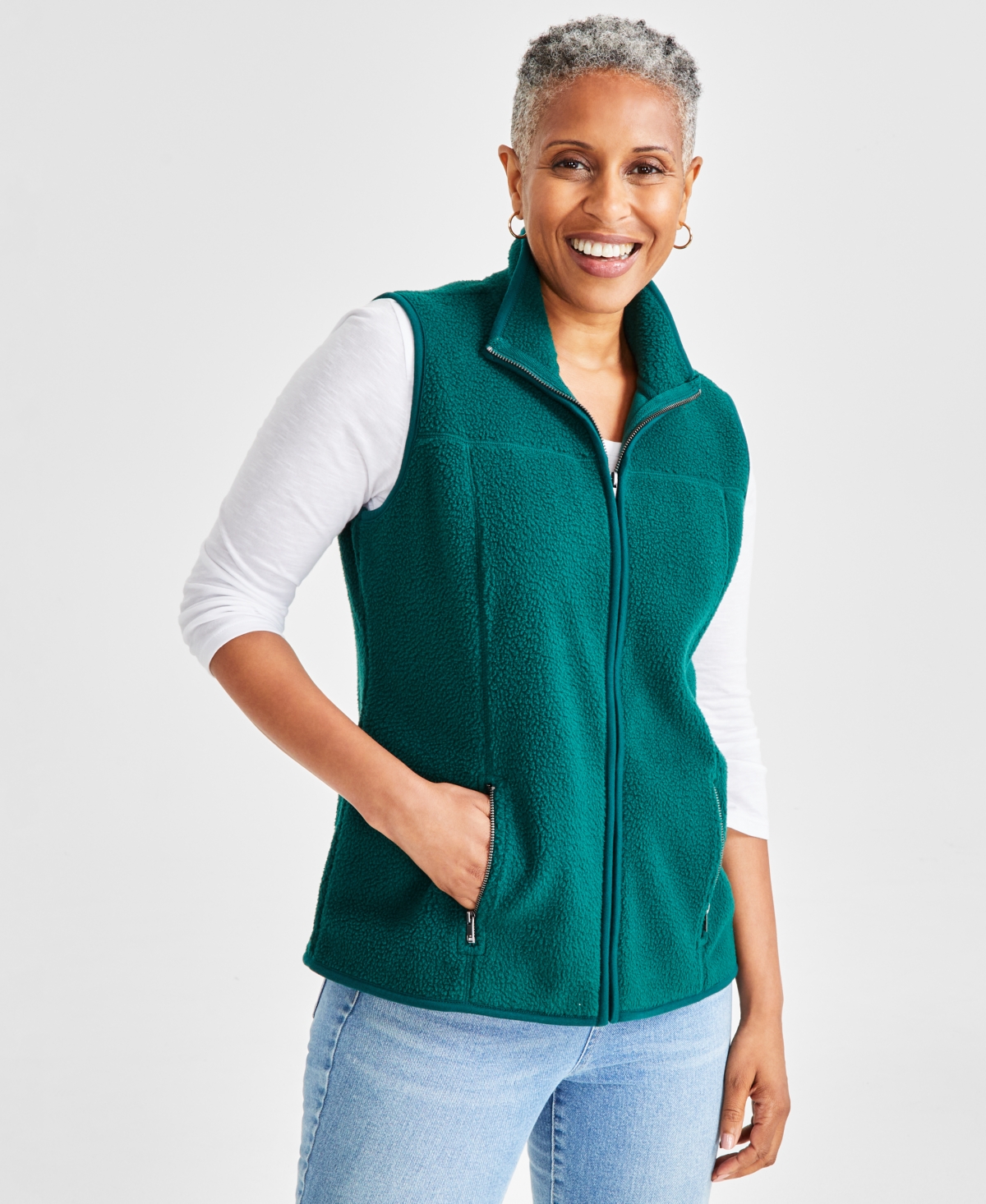 Style & Co Women's Polar Fleece Zip-front Sleeveless Vest, Created For Macy's In True Emerald