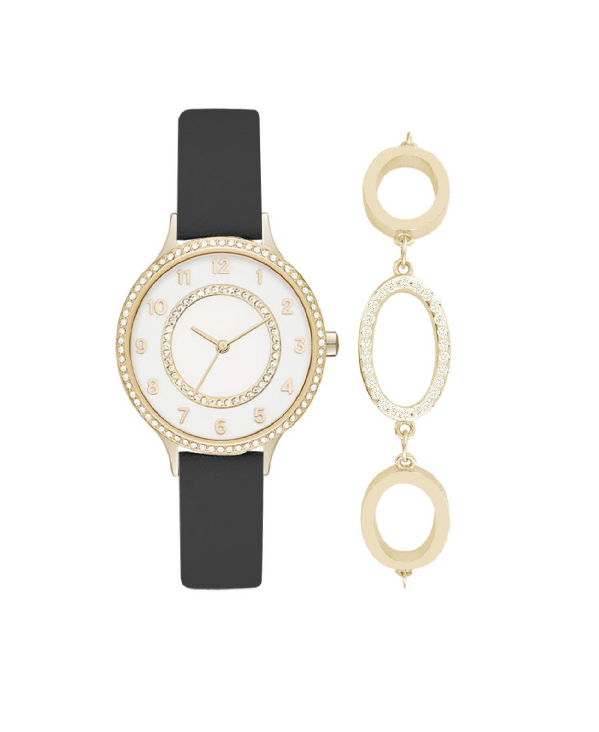 Women's Analog Black Strap Watch 34mm with Gold-Toned Cubic Zirconia Crystal Bracelet Gift Set - Black
