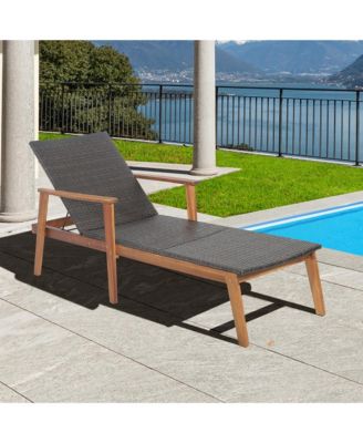 Patio Rattan Chaise Lounge Chair Recliner Back Adjustable Acacia Wood Garden