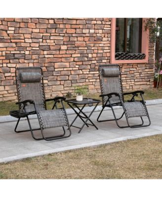 3-Piece Outdoor Chaise Lounger Chair Set, Folding Reclining Zero Gravity Chair with Side Table, Cup Holder and Headrest for Patio, Yard, Beach, Pool, Mixed Grey