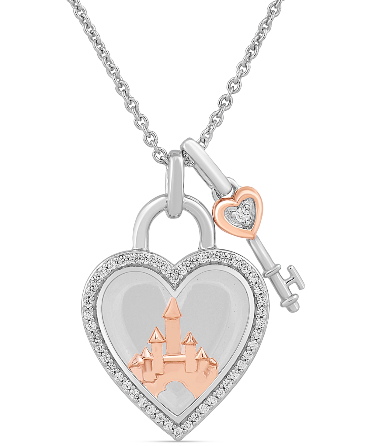 Enchanted Disney Fine Jewelry D100 White Quartz (3-1/20 Ct. T.w.) Diamond (1/6 Ct. T.w.) Heart And Key Pendant Necklace In Sterlin In Two-tone
