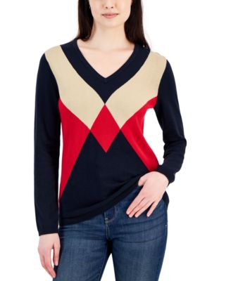 Tommy Hilfiger - Women's Cotton Argyle V-Neck Sweater