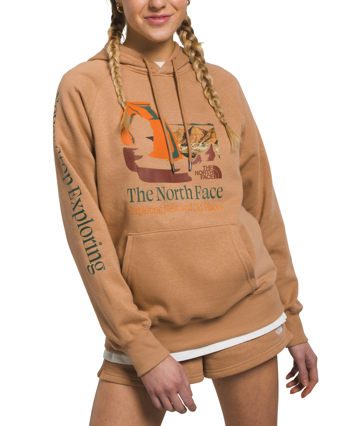 The North Face Women's Places We Love Graphic Fleece Hoodie In Almond Butter,pine Needle