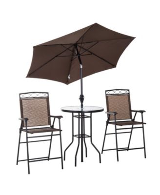 4 Piece Outdoor Patio Dining Furniture Set, 2 Folding Chairs, Adjustable Angle Umbrella, Wave Textured Tempered Glass Dinner Table, Brown