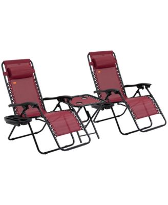 3-Piece Outdoor Chaise Lounger Chair Set, Folding Reclining Zero Gravity Chair with Side Table, Cup Holder and Headrest for Patio, Yard, Beach, Pool, Wine Red