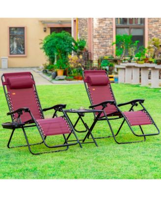 3-Piece Outdoor Chaise Lounger Chair Set, Folding Reclining Zero Gravity Chair with Side Table, Cup Holder and Headrest for Patio, Yard, Beach, Pool, Wine Red