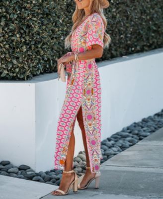 Women's Floral Paisley Print Belted Maxi Beach Dress