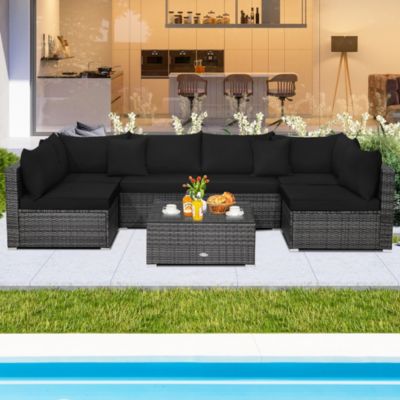 7PCS Patio Rattan Furniture Set Sectional Sofa Cushioned Garden