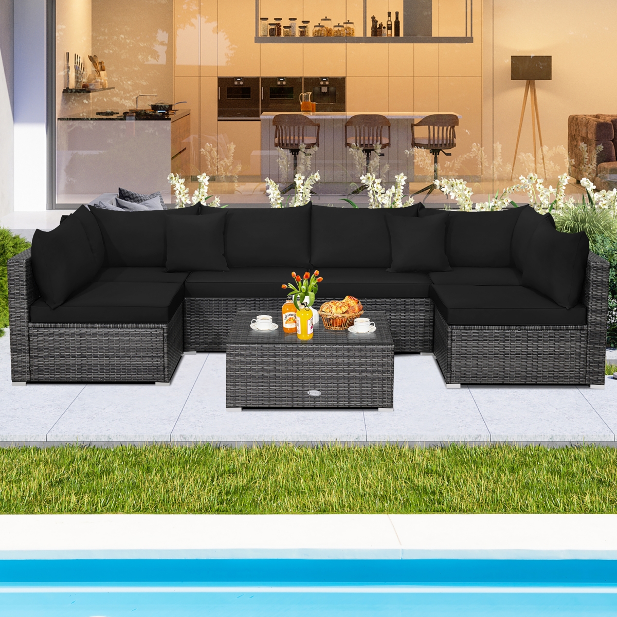 7PCS Patio Rattan Furniture Set Sectional Sofa Cushioned Garden