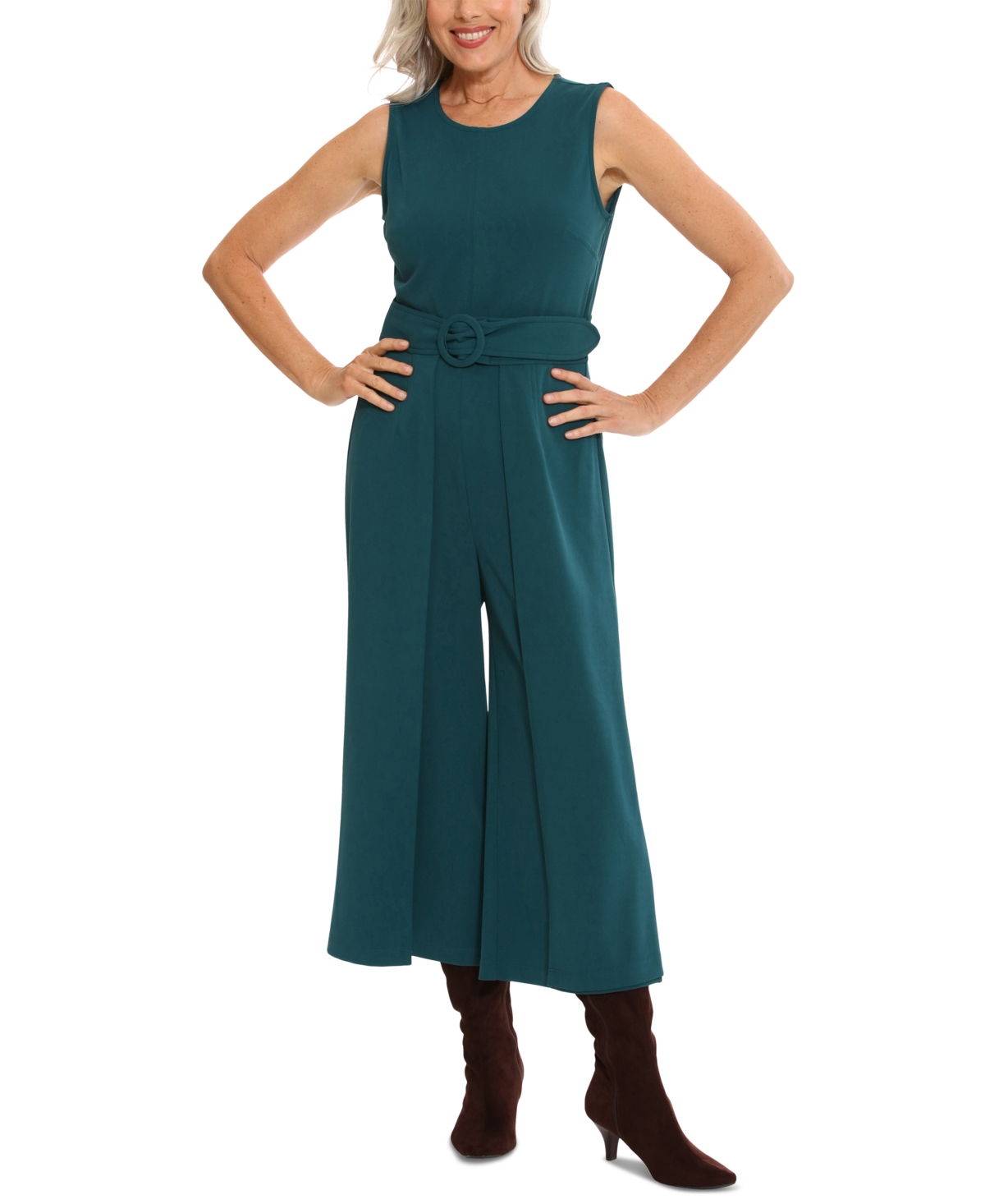 Women's Jewel Neck Belted Cropped Jumpsuit - Deep Teal