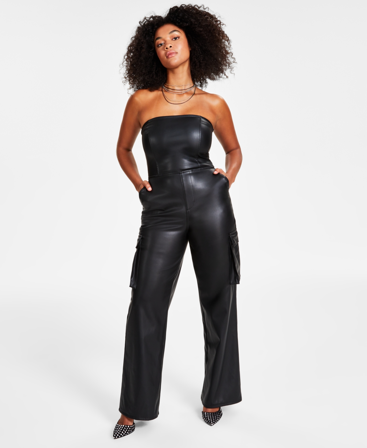 Bar Iii Women's Faux-leather Strapless Cargo-pocket Jumpsuit, Created For Macy's In Deep Black