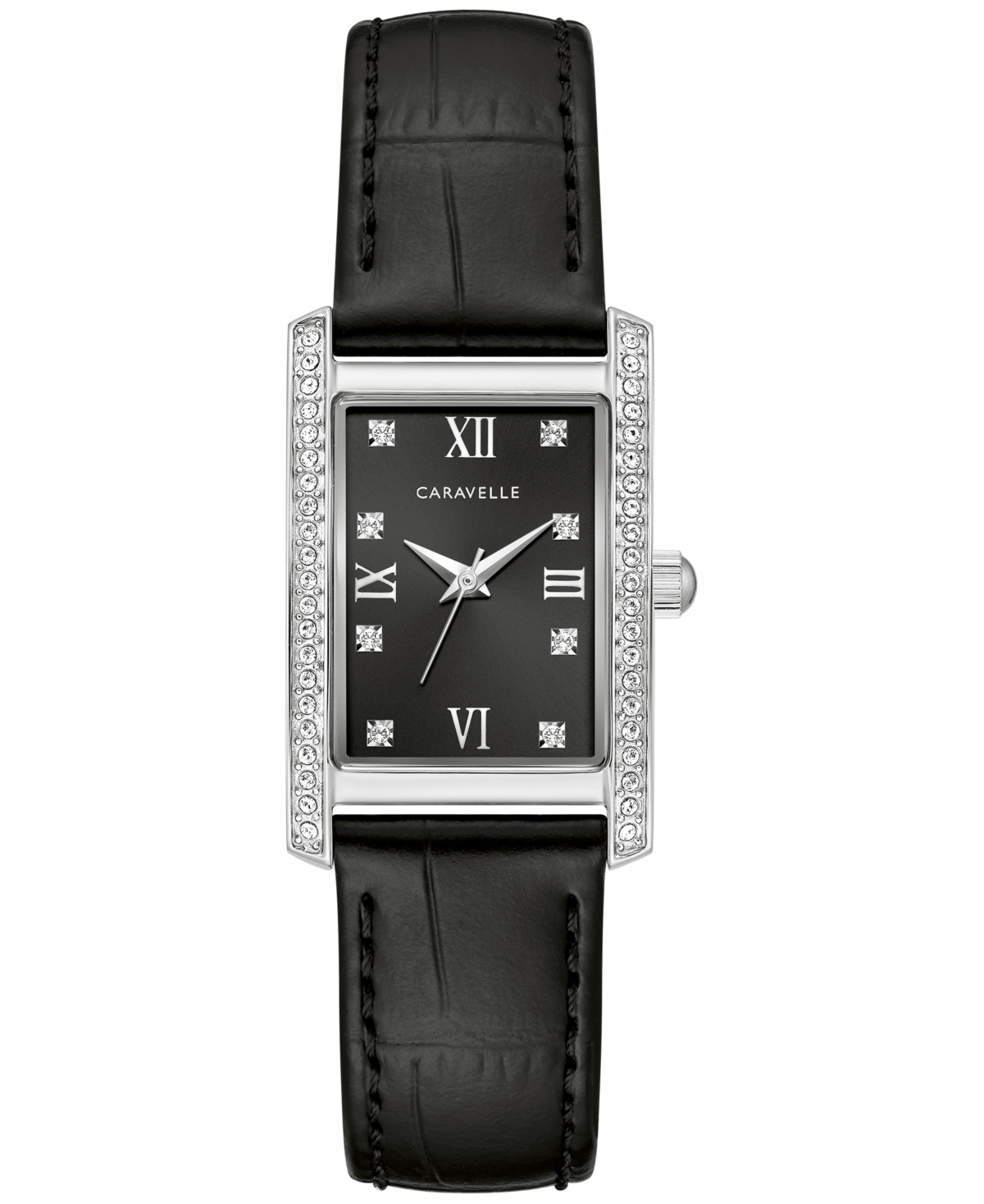 Caravelle Designed By Bulova Women's Dress Crystal Black Leather Strap Watch 22mm In Silver-tone