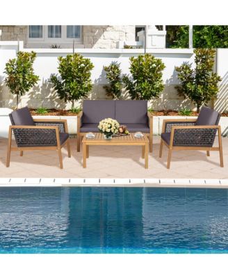 4PCS Patio Rattan Furniture Set Acacia Wood Cushioned Sofa