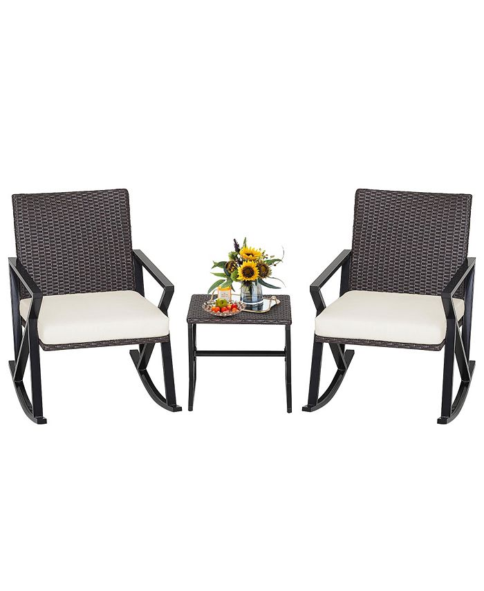 Costway 3PCS Patio Rattan Wicker Rocking Chairs Table Bistro Set