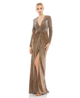 Mac Duggal Women's Ieena Metallic Twist Front Plunging Long Sleeve Gown -  Macy's