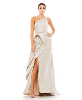 Women's One Shoulder Metallic Ruffled Evening Gown - Macy's