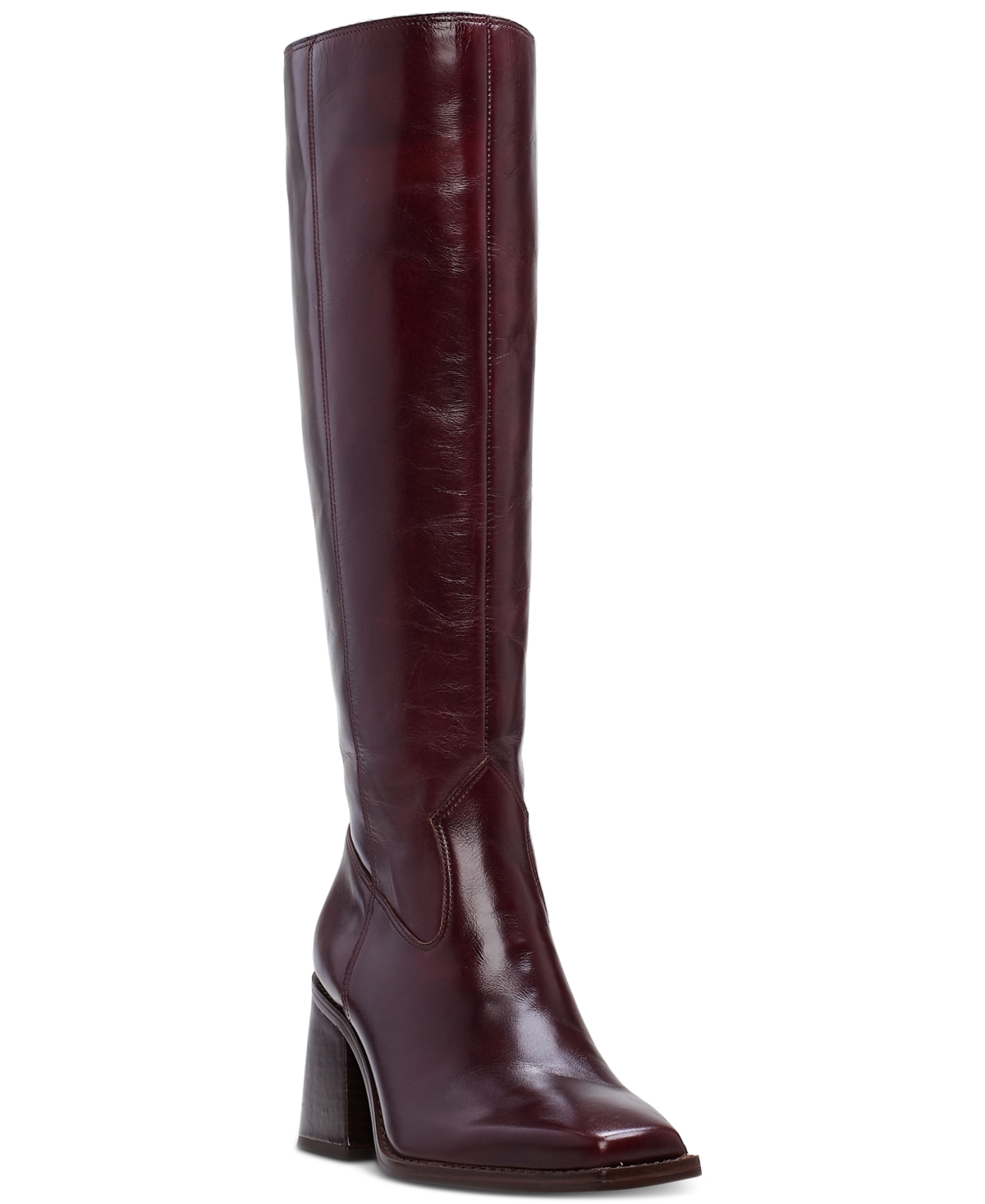 Sangeti Snip-Toe Block-Heel Wide-Calf Tall Boots - Golden Walnut Leather