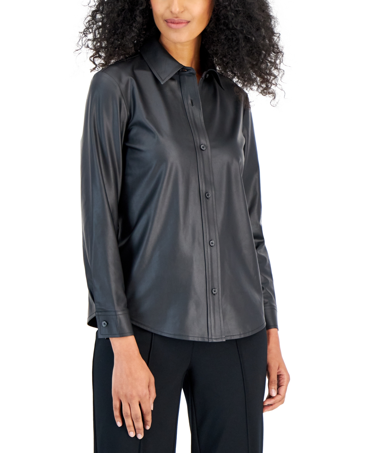 Anne Klein Women's Faux-leather Button-front Shirt In Anne Black