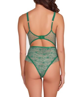 Women's Dot Mesh and Lace Ruffled 1 Piece Lingerie Teddy