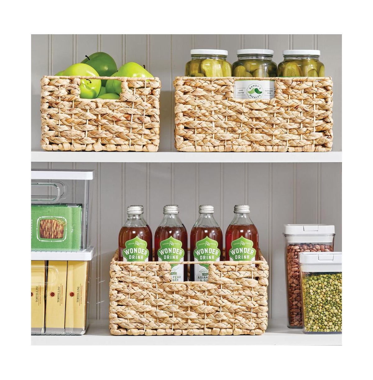 mDesign Hyacinth Braided Woven Pantry Bin Basket, Handles, - 6 Pack,Tan - Natural