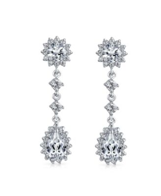 Statement Teardrop Pave Crown Halo Cubic Zirconia CZ Dangle Chandelier Clip On Earrings Non-Pierced
