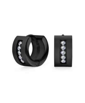 Unisex Channel Set 3 Row Cubic Zirconia CZ K-pop Wide Mini Hoop Huggie Earrings For Men For Women Black Plated Steel Stainless