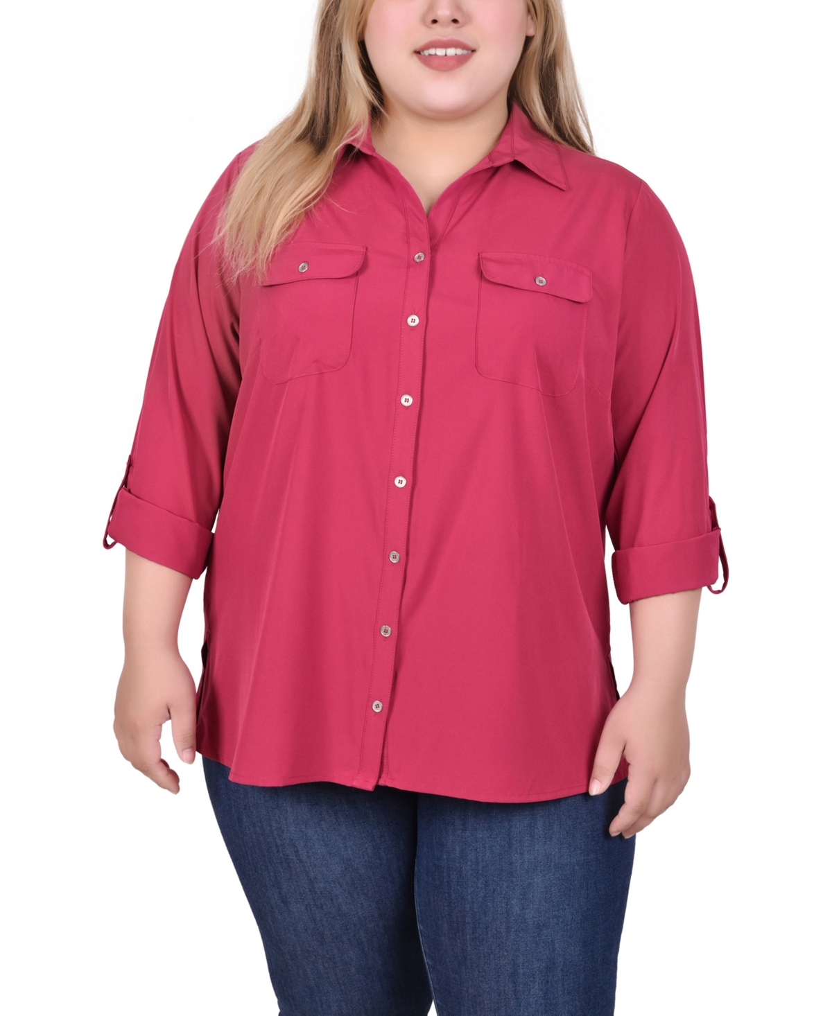 NY COLLECTION PLUS SIZE 3/4 ROLL TAB BLOUSE WITH POCKETS 