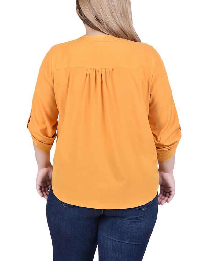 NY Collection Plus Size Long Tab Sleeve Blouse with Pockets Macy's