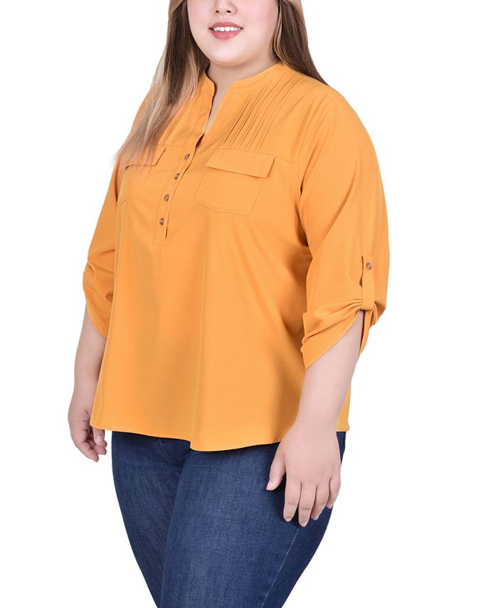 NY Collection Plus Size Long Tab Sleeve Blouse with Pockets Macy's