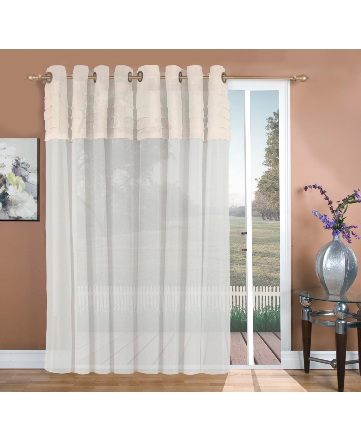 Geneva Pleated Grommet Patio Curtain Panel w/Wand 104"W x 84"L - Linen/ivory