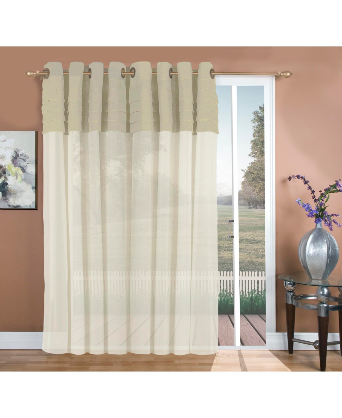 Geneva Pleated Grommet Patio Curtain Panel w/Wand 104"W x 84"L - Linen/ivory