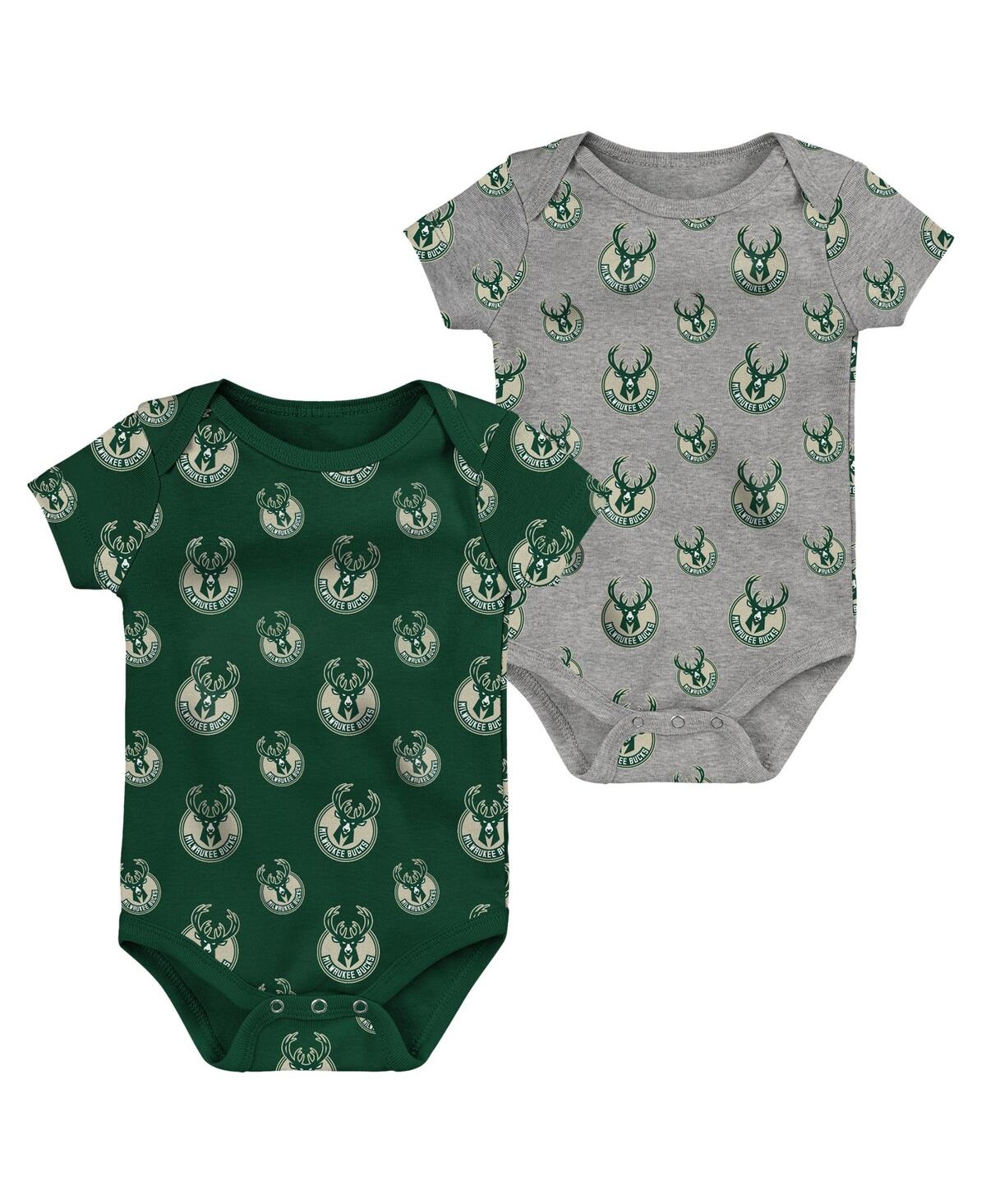 Outerstuff Newborn And Infant Boys And Girls Hunter Green, Gray Milwaukee Bucks Two-pack Double Up Bodysuit Set In Hunter Green,gray