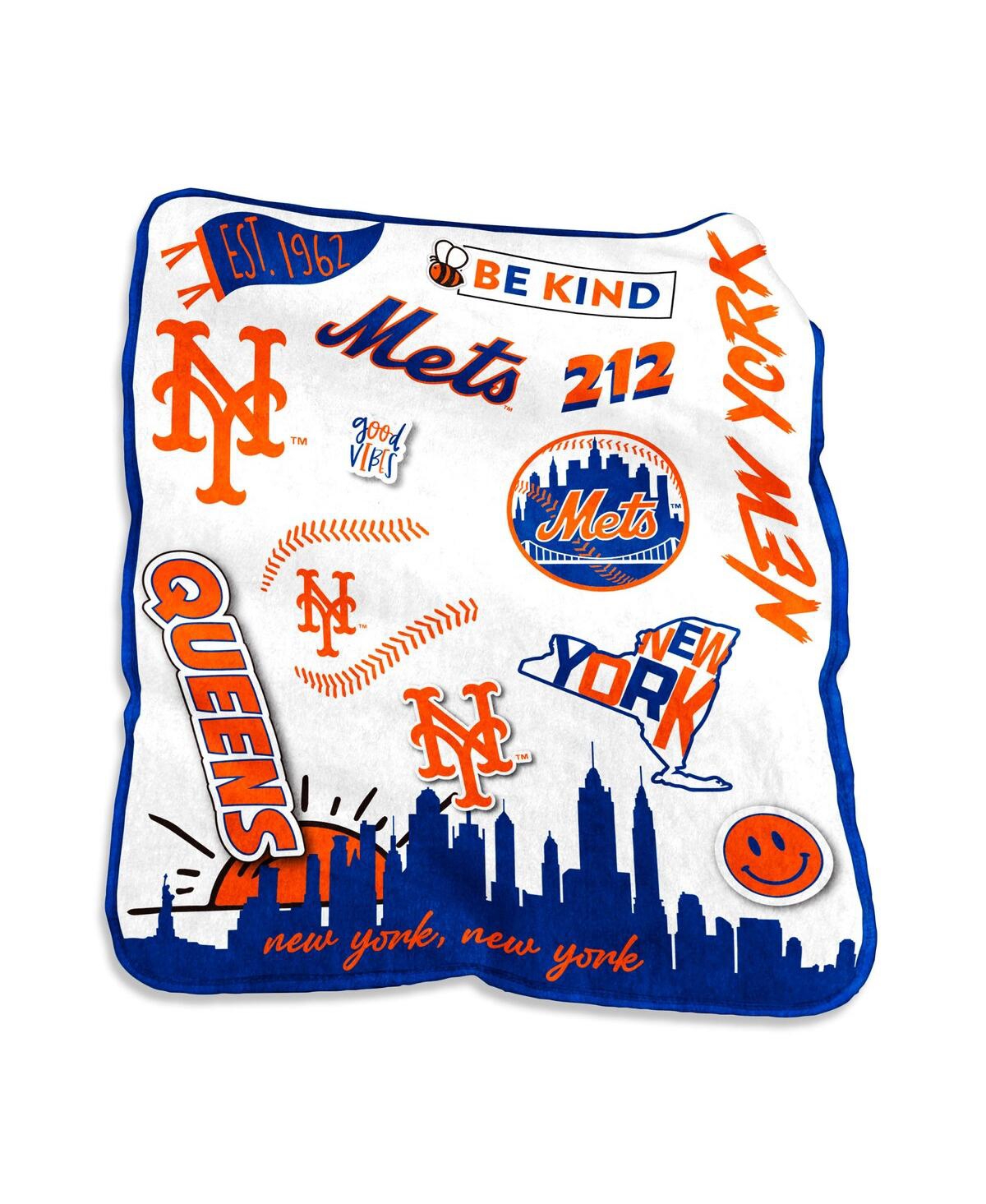 Logo Brands New York Mets 50'' X 60'' Native Raschel Plush Throw Blanket In White,blue