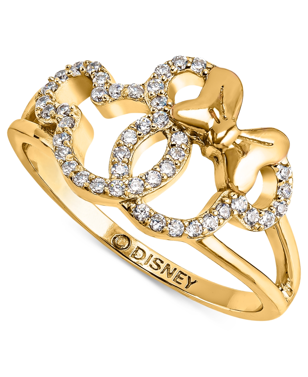 Cubic Zirconia Mickey & Minnie Mouse Interlocking Ring in 18k Gold-Plated Sterling Silver - Gold Over Silver