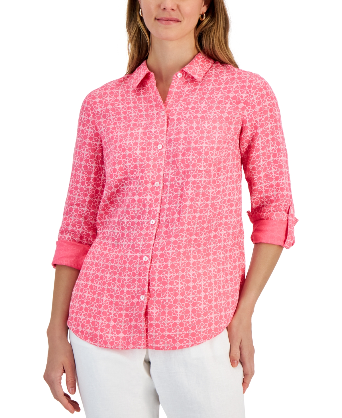Women's 100% Linen Geo-Print Roll-Tab Shirt, Created for Macy's - Foxy Pink Combo