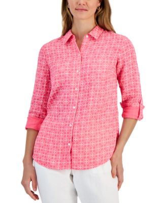 売れ筋商品|||チャータークラブ カットソー トップス レディース Women's Printed 100% Linen Roll-Tab Shirt, Exclusively at Macy's Bright White Charter Club Women's 100% Linen Printed Tab-Sleeve Shirt