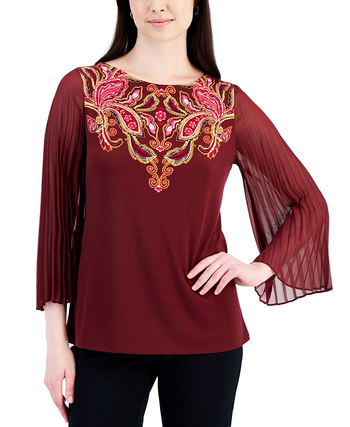 JM Collection Petite Plush Paisley Pleated-Sleeve Top, Created for Macy ...