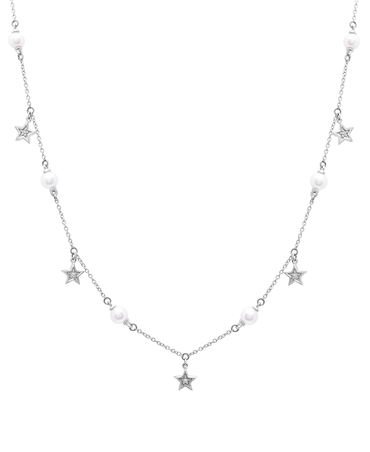 Macy's Cultured Freshwater Pearl (4mm) & Diamond Accent Star Dangle 17" Collar Necklace In Sterling Silver