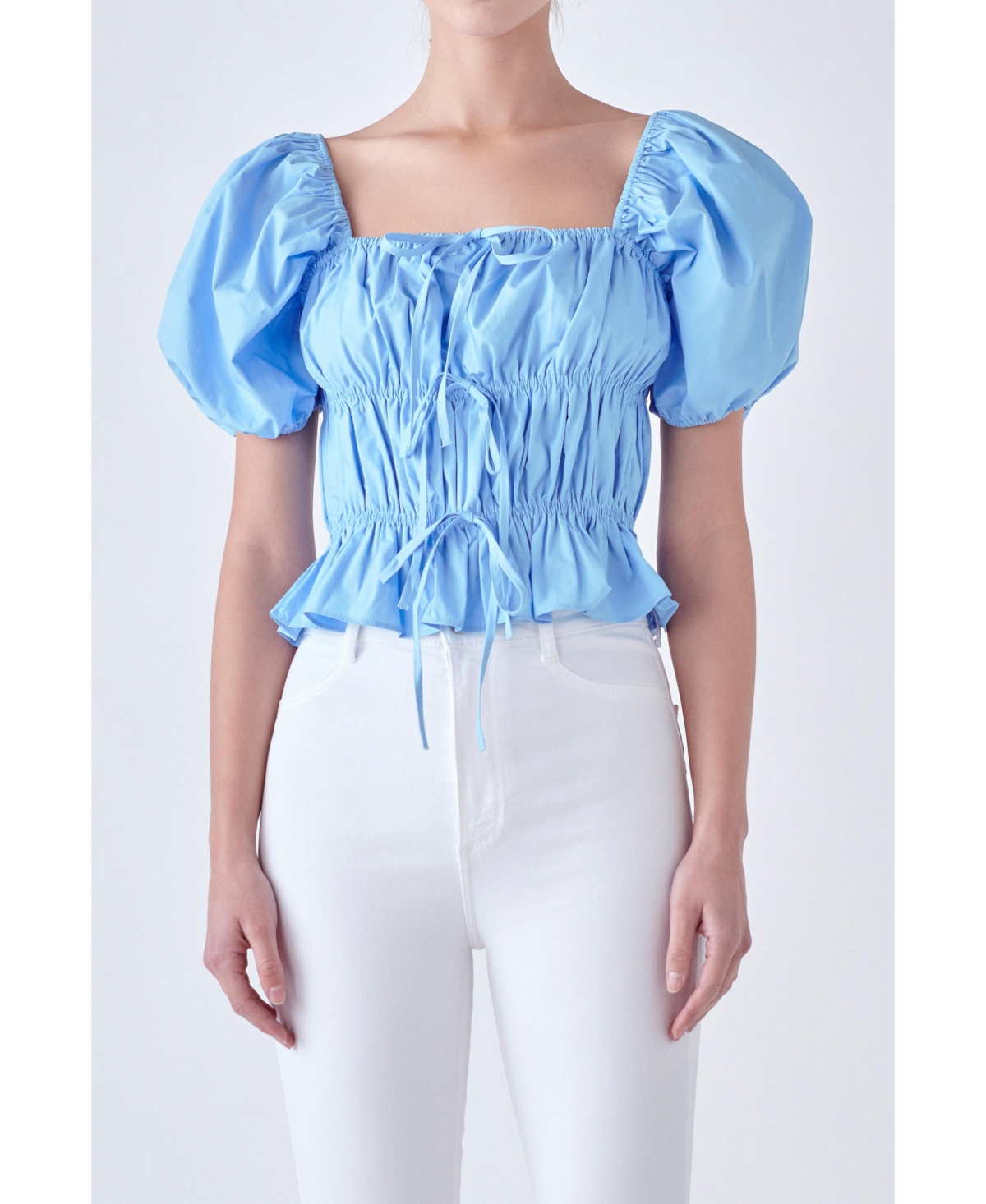 Women's Tie Detail Shirring Top with Short Sleeves - Powder blue