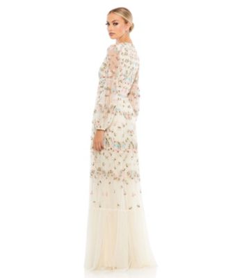 Women's Embroidered High Neck Illusion Sleeve Tiered Gown