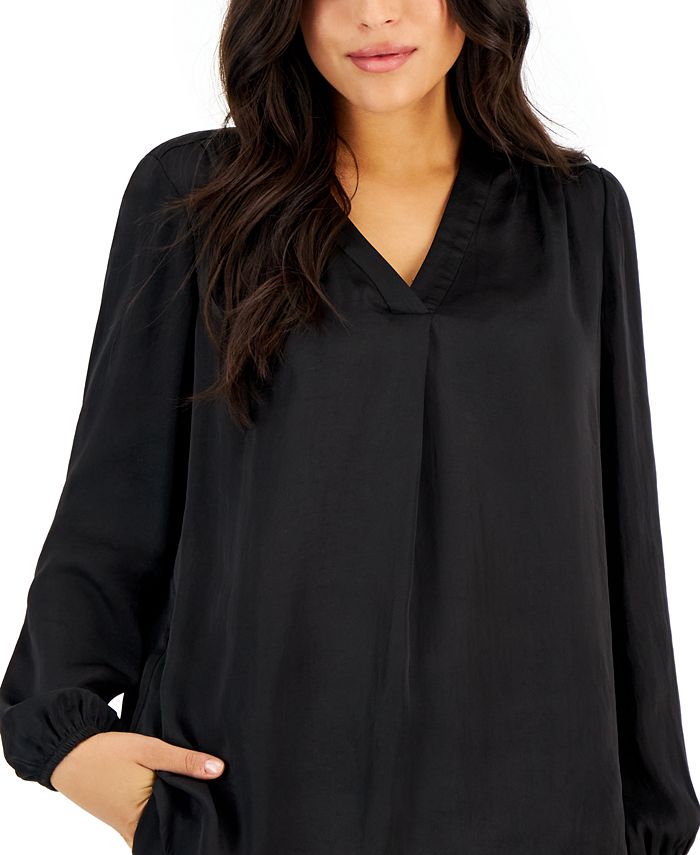 AK Anne Klein Petite Long-Sleeve V-Neck Pleated-Front Blouse - Macy's